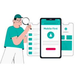 A person looking at a mobile phone screen with a magnifying glass to check for mobile-first design