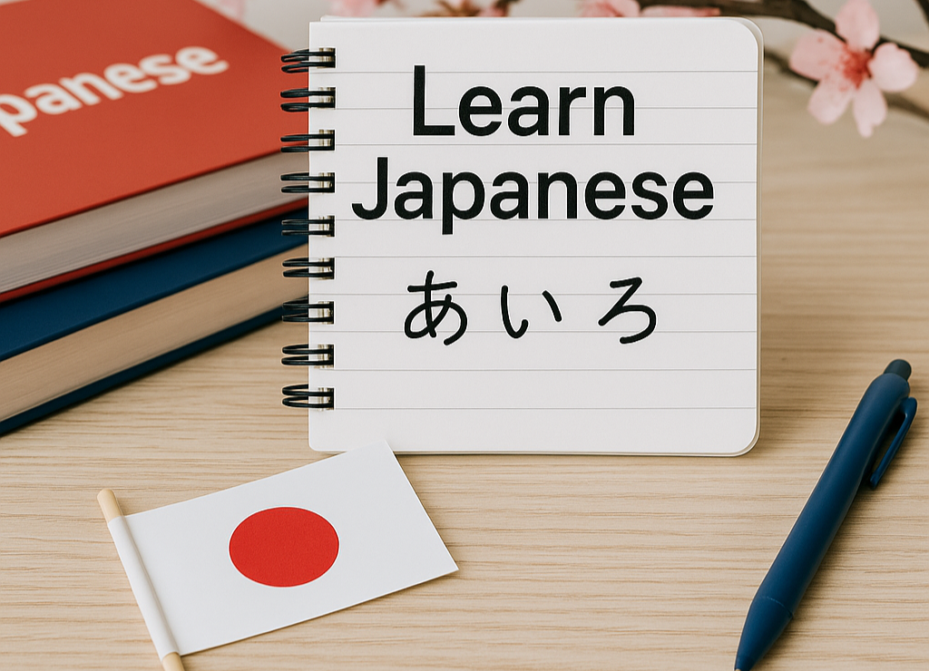 A notebook with "Learn Japanese" and "あいろ" written on it, next to books, a Japanese flag, and a pen, representing online Japanese classes