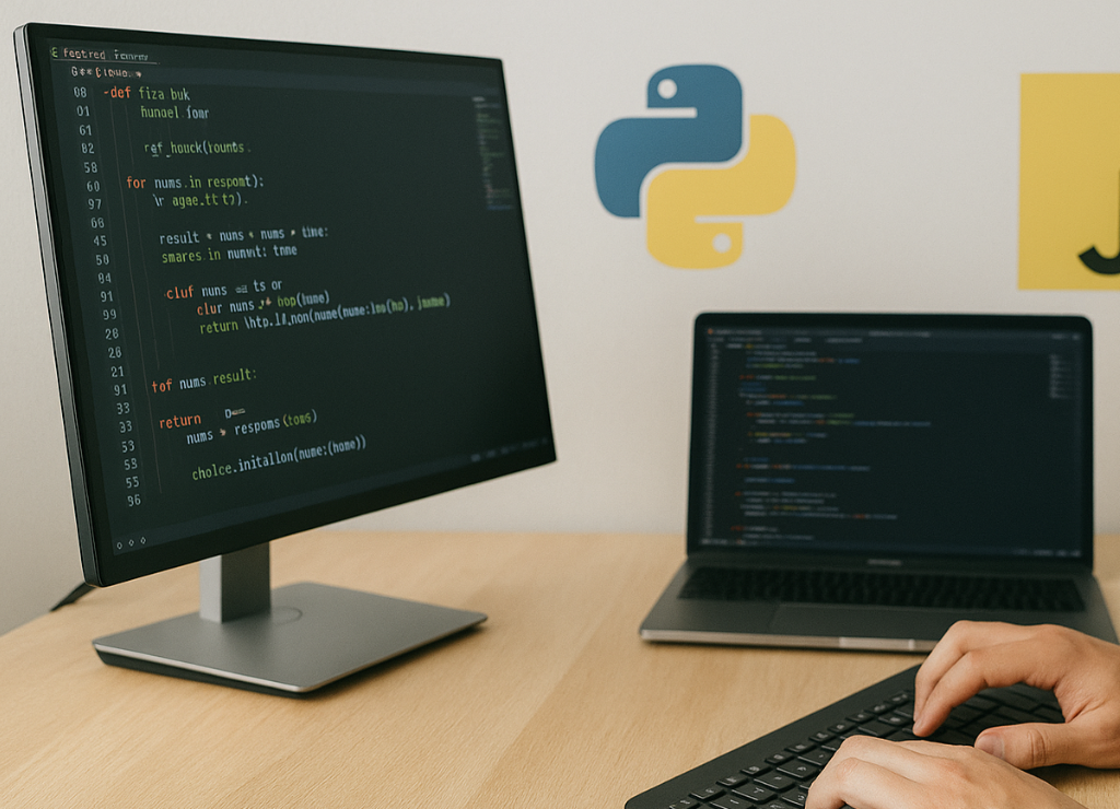 A developer coding on a laptop and monitor, symbolizing our custom programming and software development services.