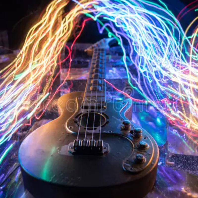 An electric guitar with a colorful light trail effect to represent online guitar lessons.